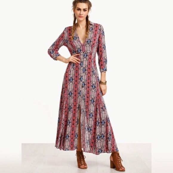 HP 12-25-16Multicolor V Neck Split Side Long Dress - Picture 1 of 4